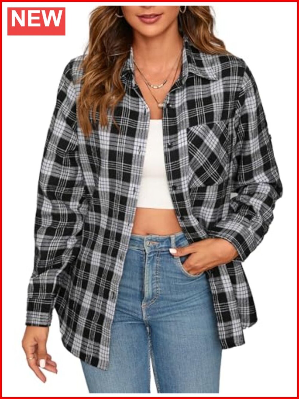 Lightweight Plaid Flannel Button Down Shirt Long Sleeve Women's